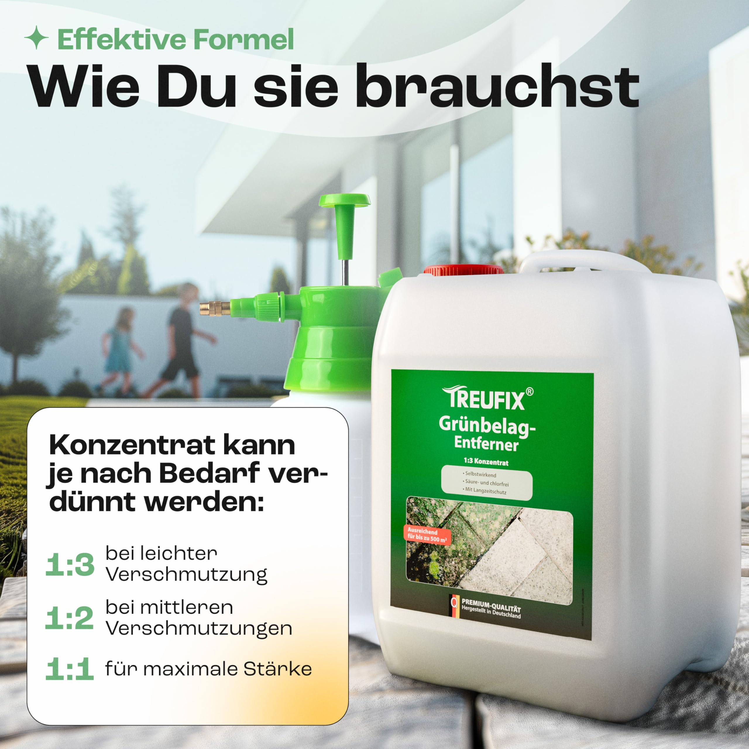 Treufix Grünbelagentferner & Moosentferner Konzentrat 5L | [Chlor- und säurefrei] Entfernung von Grünspan, Grünbelag & Moos |Steinreiniger für Pflastersteine, Terrassen - Made in DE
