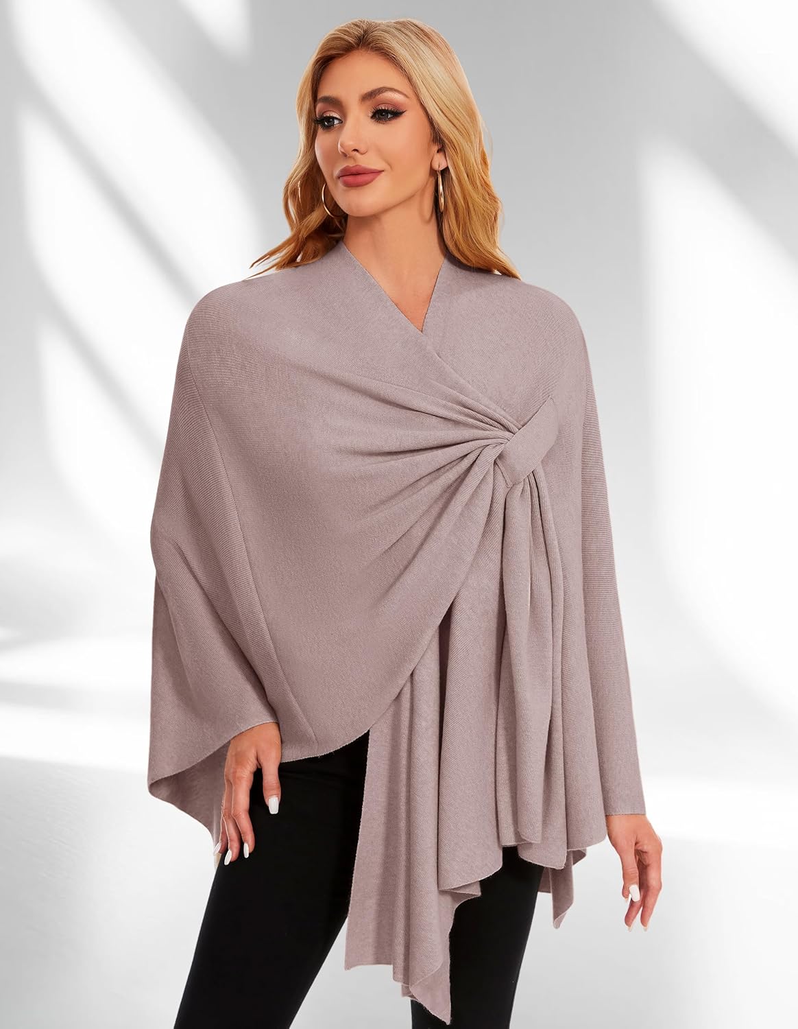 PULI Womens Elegant Cross Front Shawl Wraps Knitted Ponchos Cape Light Weight Poncho Sweater Soft Warm Travel Wraps - Image 5