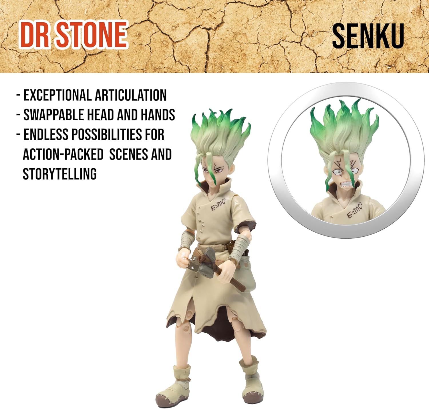 Boss Fight Studio Dr. Stone Senku Action Figure – Highly Articulate Collectible Figurine with Accessories Including Alternate Heads and Hands, Ramen, Sextant, Axe, Bottles, and Flasks – 4” Scale