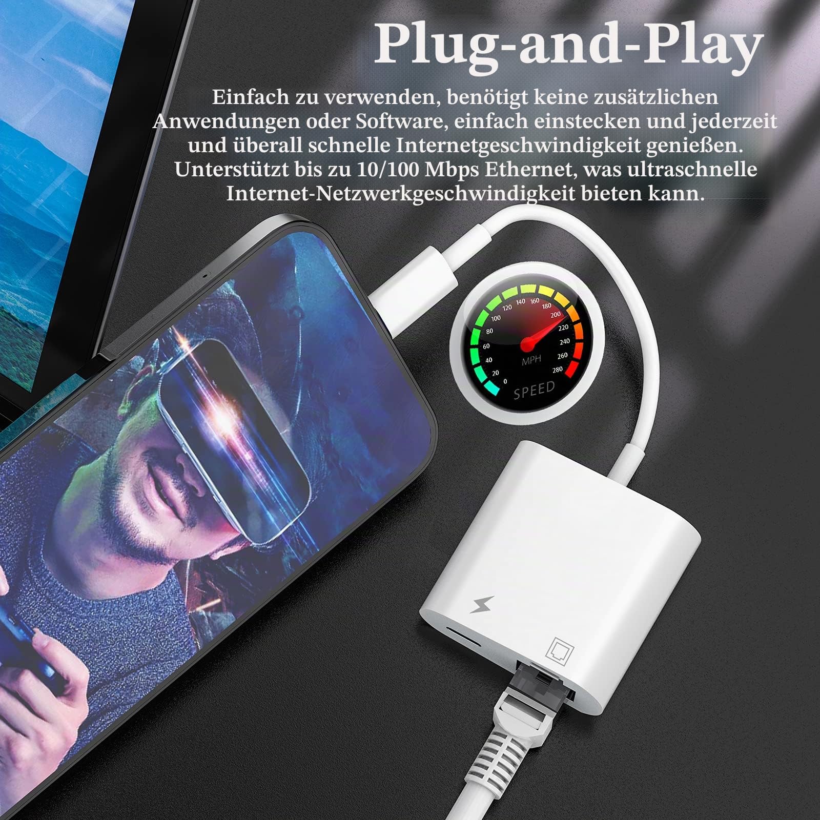 Apple MFi-zertifizierter Lightning-zu-Ethernet-Adapter, 2-in-1-RJ45-Ethernet-LAN-Netzwerkadapter mit Ladeanschluss für iPhone/iPad/iPod, Plug-and-Play, unterstützt 100 Mbps Netzwerk