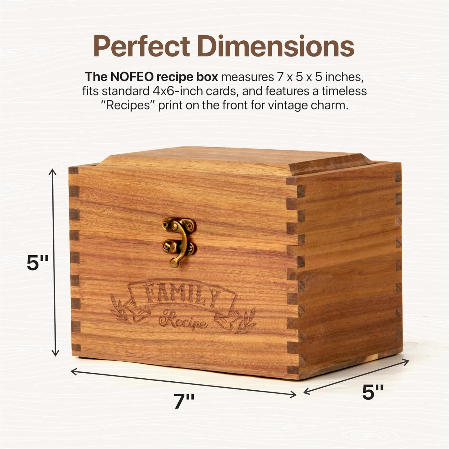 NOFEO Premium Acacia Recipe Box - 100 Double-Sided Cards, Phone Stand & 9 Wooden Dividers | Handcrafted Kitchen Recipe Organizer with Wood Conversion Card | Beautiful Rustic 4x6 Recipe Holder