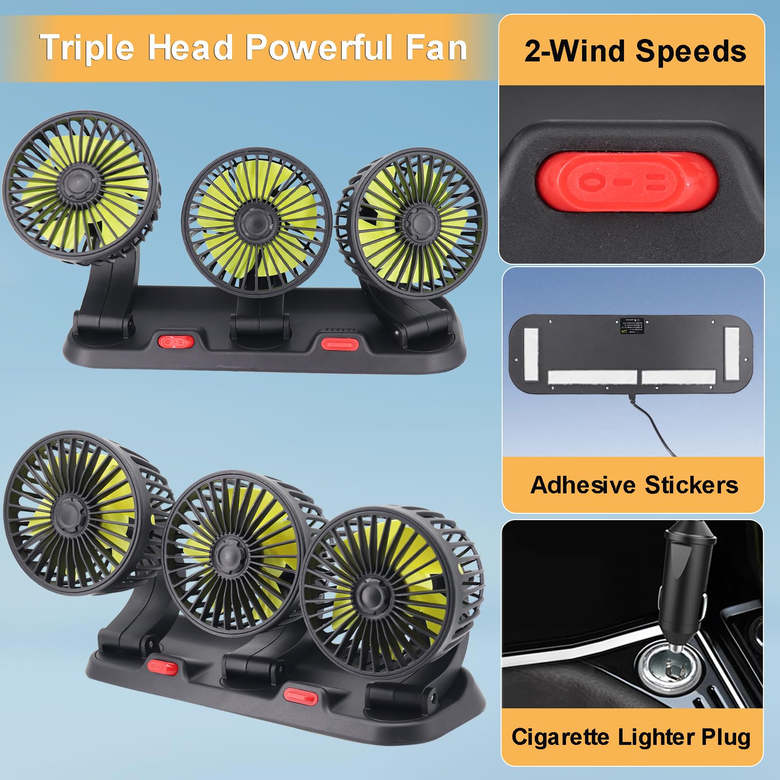 Ventilateur De Voiture 12V Triple Tête Rotatif 360° – 3 Vitesses, Branchement Allume-cigare, Vert