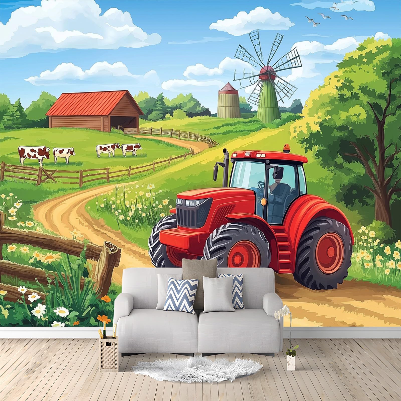 Papel pintado no tejido Tractor De Dibujos Animados Granja Revestimiento de paredes decoración salón dormitorio 350 x 256 cm Decoración de carteles gigantes Verde para salón Habitación infantil