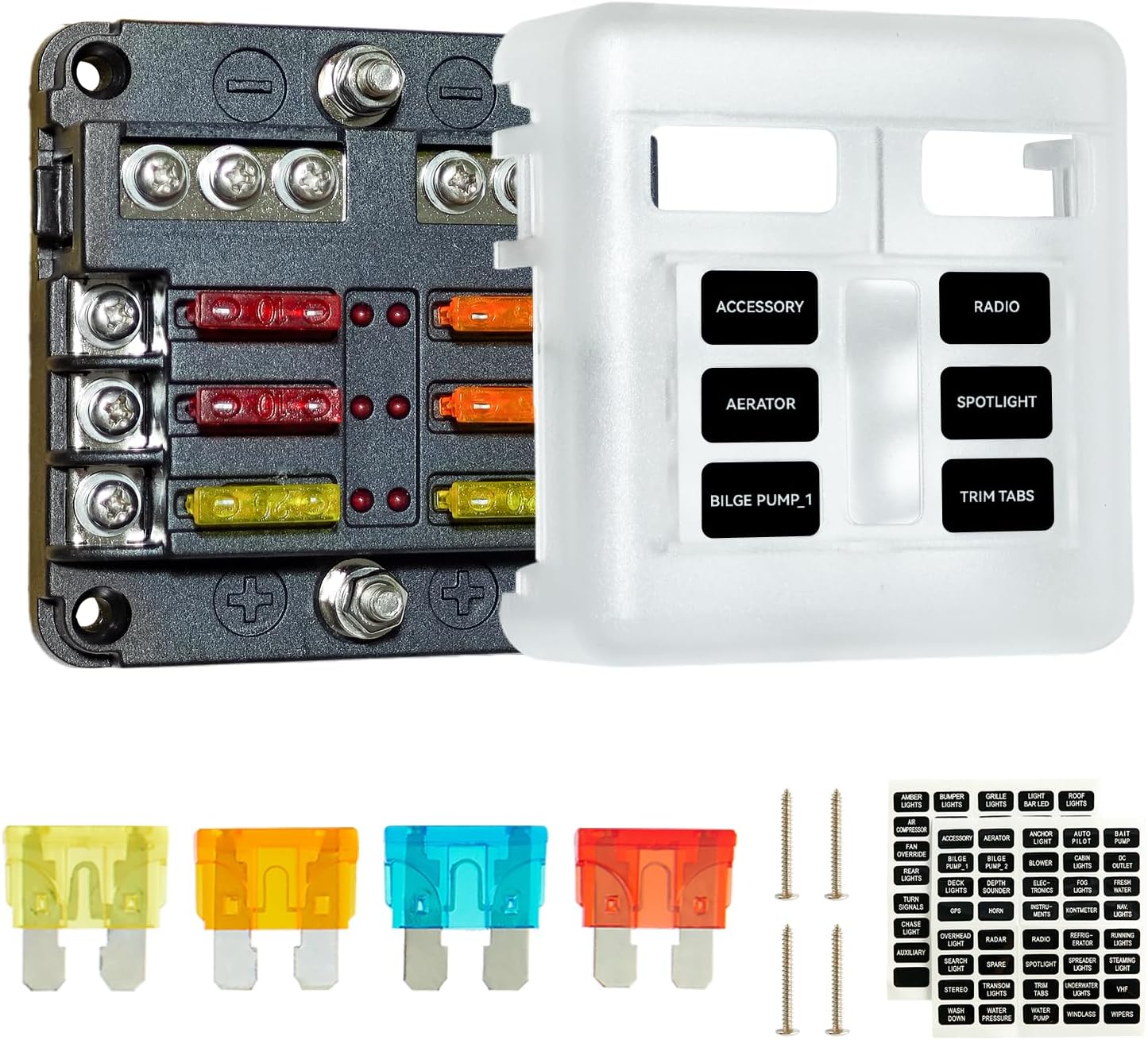 SOYOND 12 Volt Fuse Block, Boat Marine Fuse Block Panel with LED Warning Indicator Damp-Proof Cover 6 Circuits Fuse Box with Negative Bus Fuse Panel for Car Boat RV Truck Dc 12-24v
