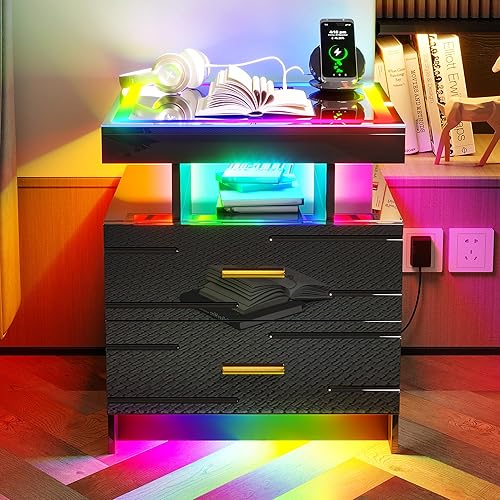 Miniatura 2 de vkcc Juego de 2 mesitas de noche LED RGB de alto brillo con carga inalámbrica y puertos USB, mesitas de noche inteligentes con luz deslumbrante