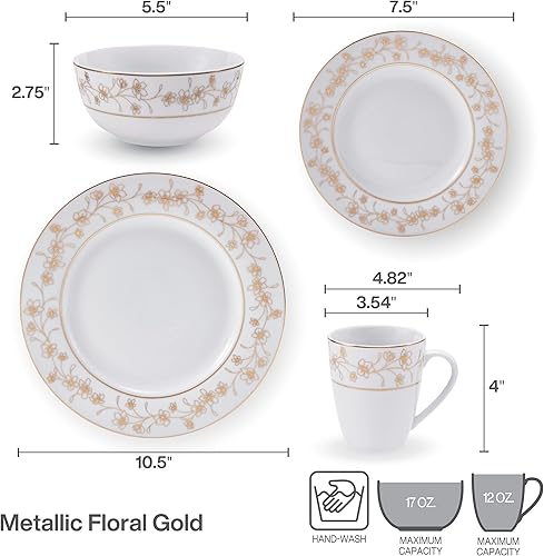 Miniatura 3 de Mikasa Juego de vajilla floral de 32 piezas, color dorado metálico, servicio para 8, color blanco