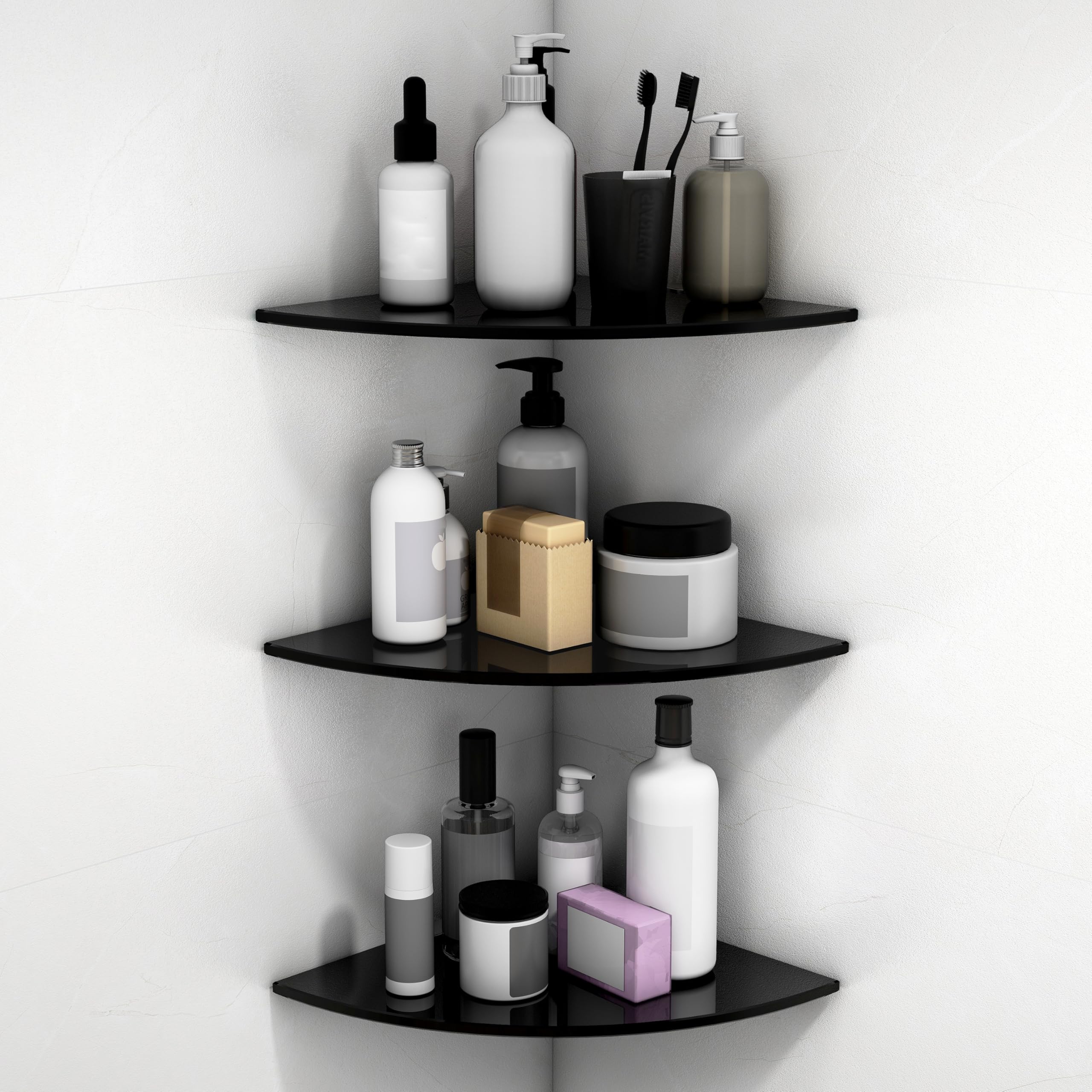 Plantex Glass Corner Shelf for Bathroom/Living Room/Kitchen Corner Shelf, Wall Mount - Bathroom Fittings Accessories Set (9x9 Inches, Black, Pack of 3)-picture-24