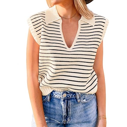 ZESICA Womens Summer Striped Sweater Vest Cap Sleeve V Neck Pullover Tank Tops Sleeveless Fashion Clothes 2024
