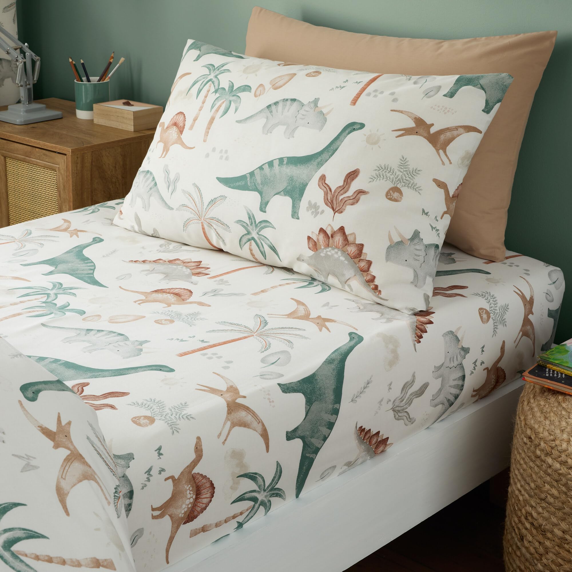Happy Linen Company Girls Boys Kids Scandi Saurus Dinosaur Ivory Standard Soft Easy Care Bed Linen Extra Pair Of Standard Pillow Cases