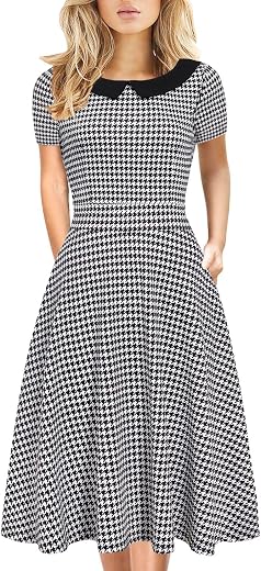 Women's Elegant Criss-Cross V Neck Vintage Short Sleeve Work Casual Fit and Flare Tea Dress with Pockets 980