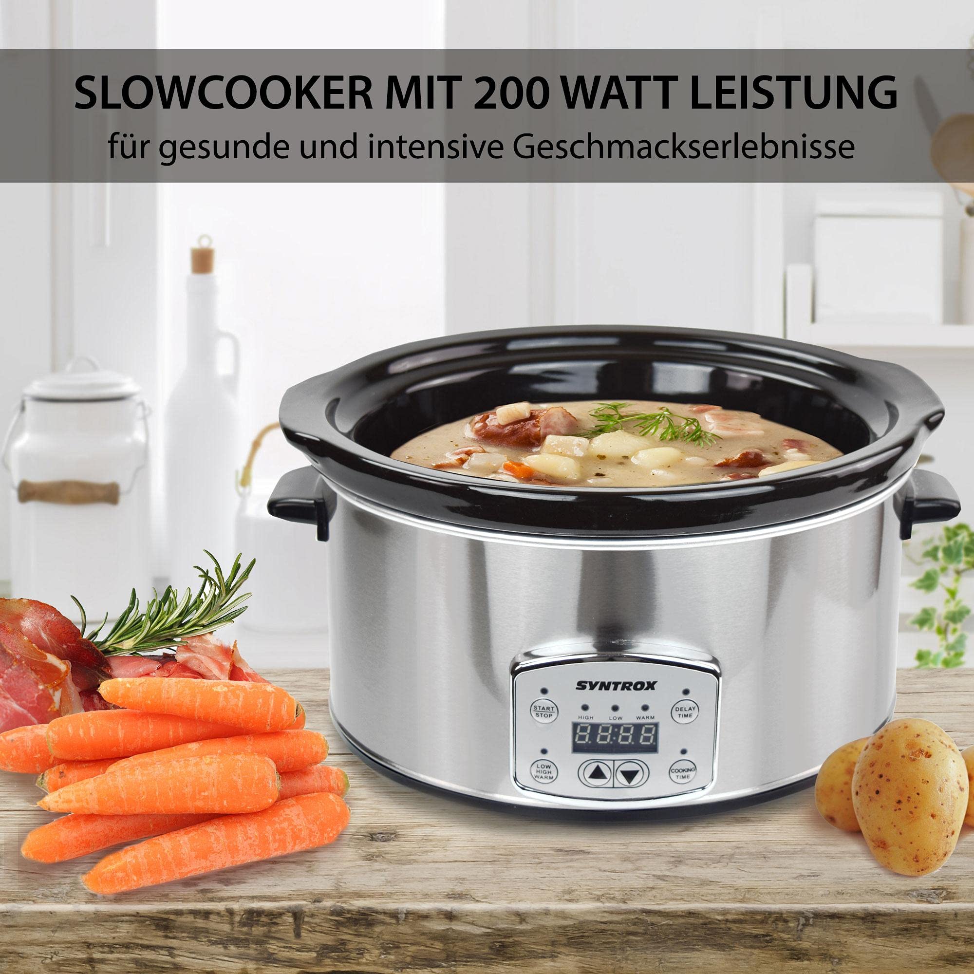 Syntrox Germany Schongarer mit 4,5L Slow Cooker mit 3 Heizstufen und Warmhaltefunktion und 200 Watt