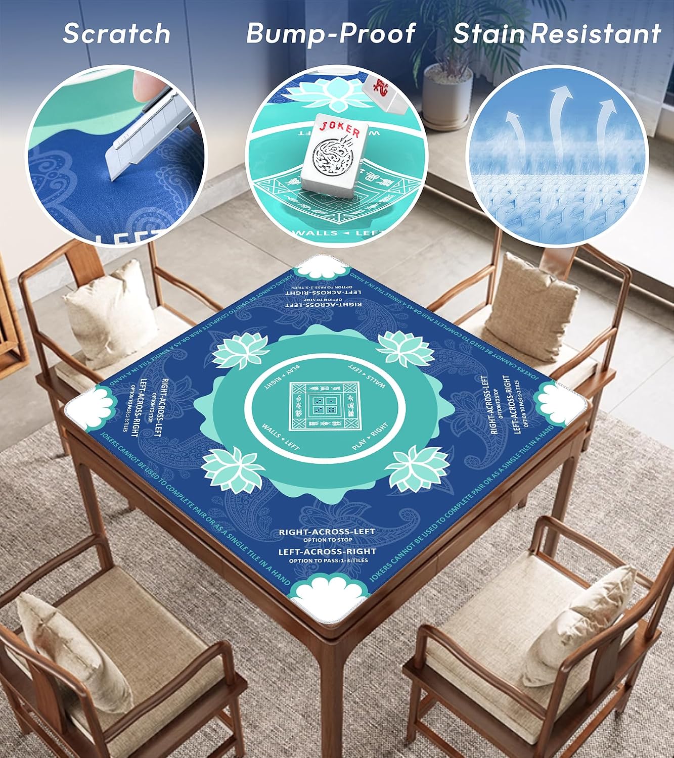 Mahjong Mat with Carrying Bag- 32" x32"Non-Slip Noise Reduction Gaming Mat for Mahjong/Poker/Board Games/Card Games/Dominoes (Blue)