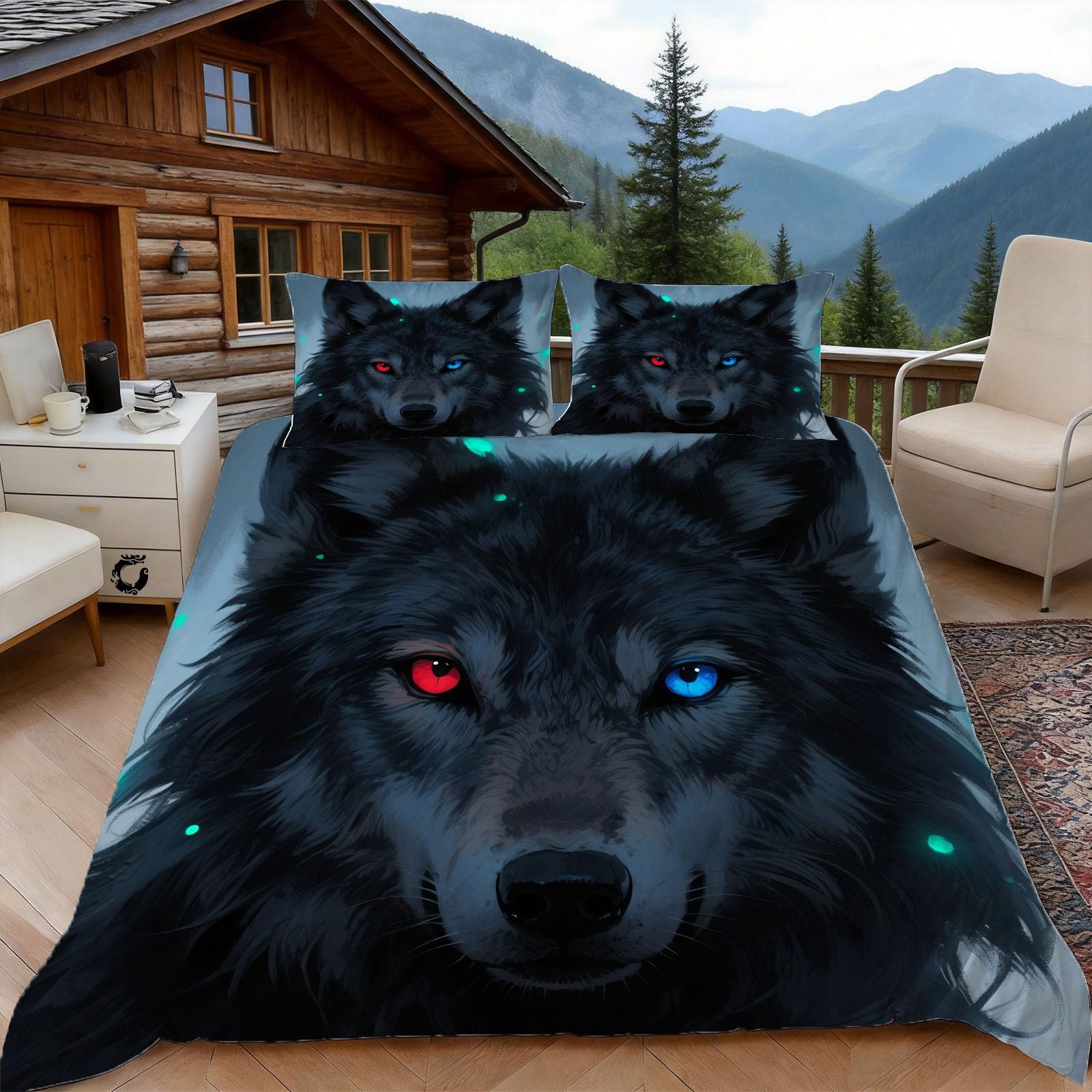 3D Single Duvet Cover Set 3D Printed Fantasy Wolf Bedding, Mysterious Atmosphere Soft Microfibre Duvet Cover Sets Quilt Cover and Pillow Set with Zipper 3 Pcs