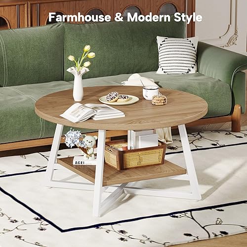 Miniatura 4 de Mesa de Café para Sala de Estar, Mesa de Café Redonda, Mesa de Café Pequeña Circular con Almacenamiento, Mesa Central Redonda Moderna de Madera para