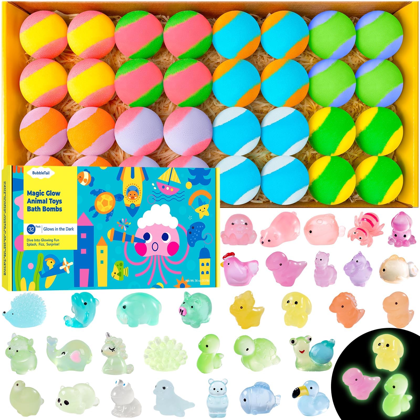 Bath Bombs for Kids with Surprise Inside 32 Pack 1 8-Inch Fizzy Bath Bombs with 32 Different Glow-in-the-Dark