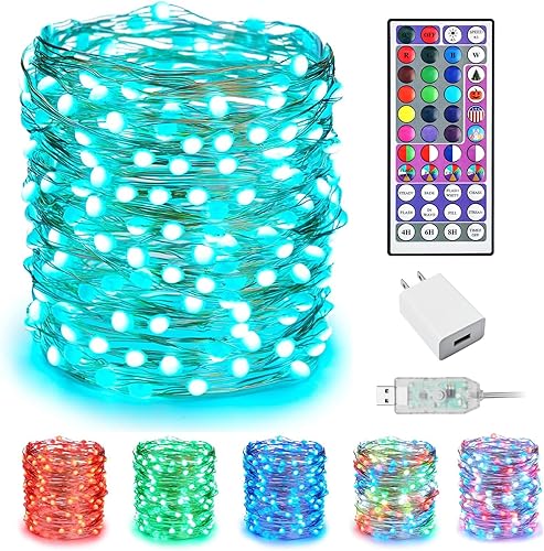 Minetom Guirnalda de luces de hadas que cambian de color mejoradas, 33 pies, 100 LED, 24 colores, USB, luces de alambre plateado con control remoto