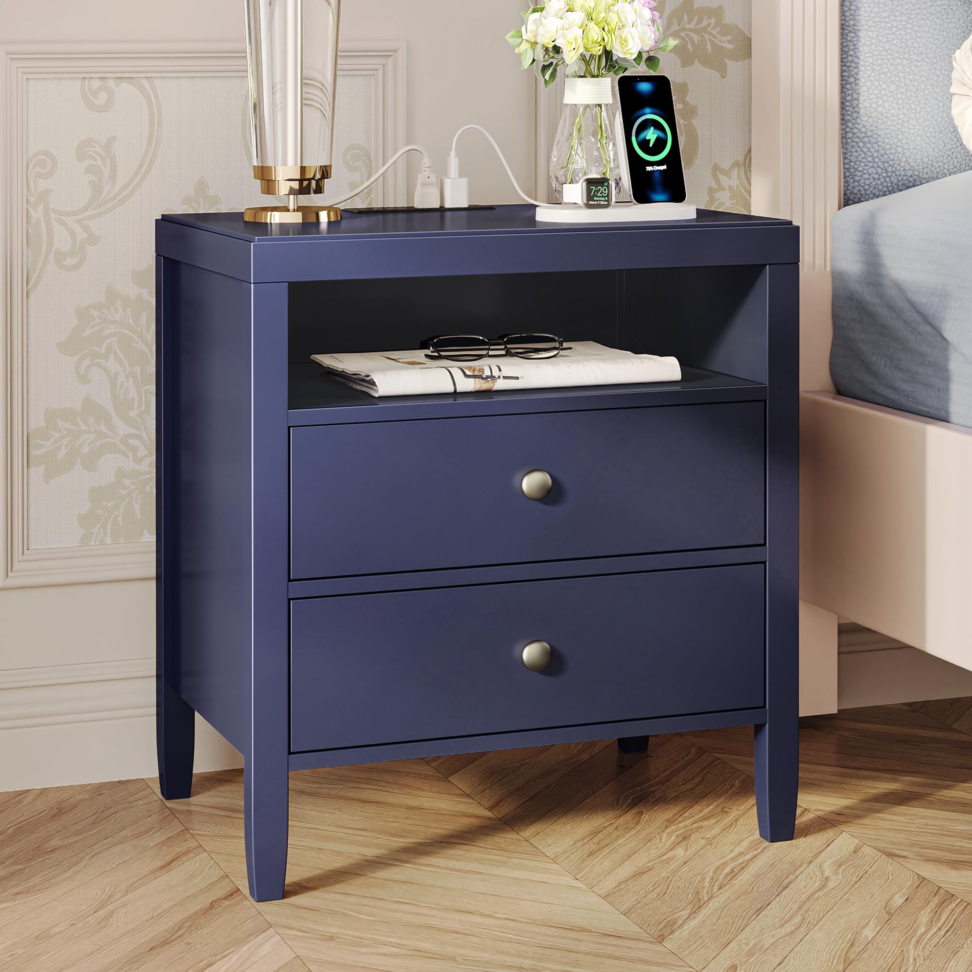 Huuger Nightstand with Charging Station, Blue Nightstand with 2 Drawers