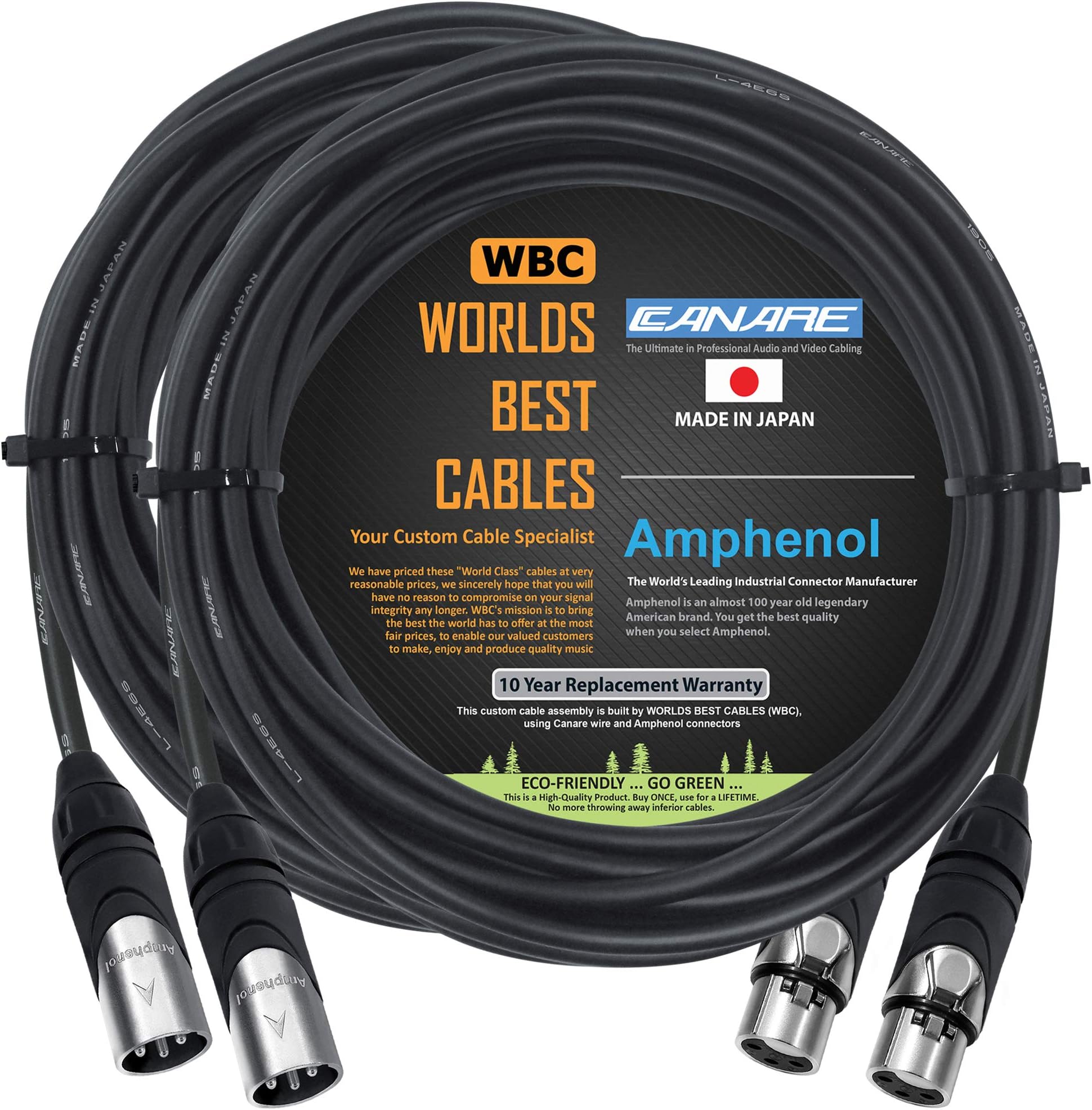 WORLDS BEST CABLES 2 Units - 20 Foot - Canare L-4E6S, Star Quad Balanced Male to Female Microphone Cables with Amphenol AX3M & AX3F Silver XLR Connectors Custom Made