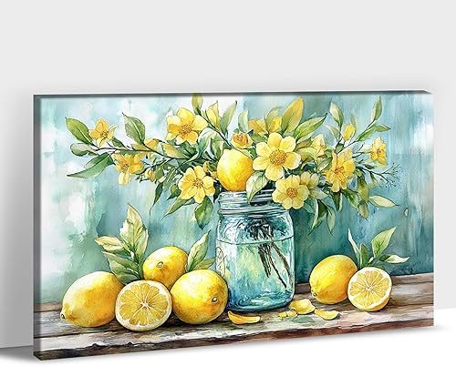 UZMKM Arte de pared de limón, limones en tarro de masón sobre lienzo, impresiones de fondo de madera, carteles para decoración de pared de despensa