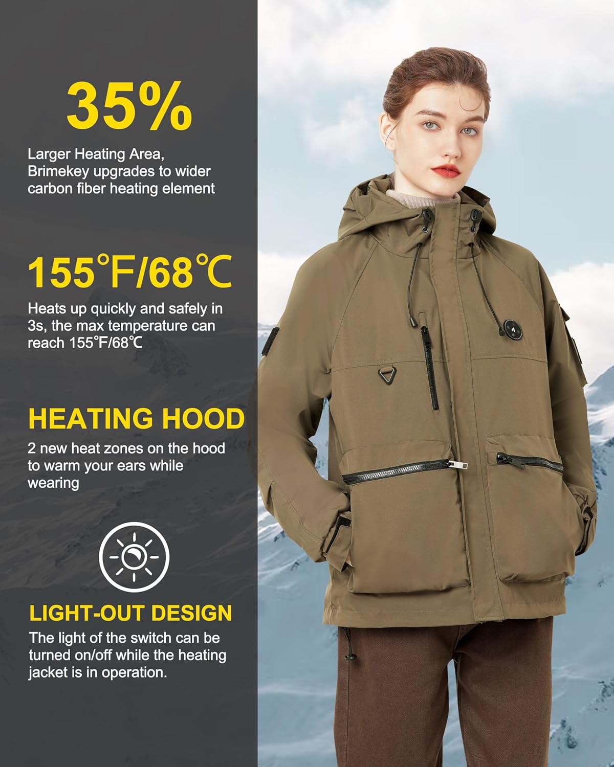 Heated Jackets for Women with 10000mah Battery, Heated Coat for Women Waterproof Windproof Heated Hoodie for outdoor (US, Alpha, Small, Regular, Regular, Khaki) - Image 2