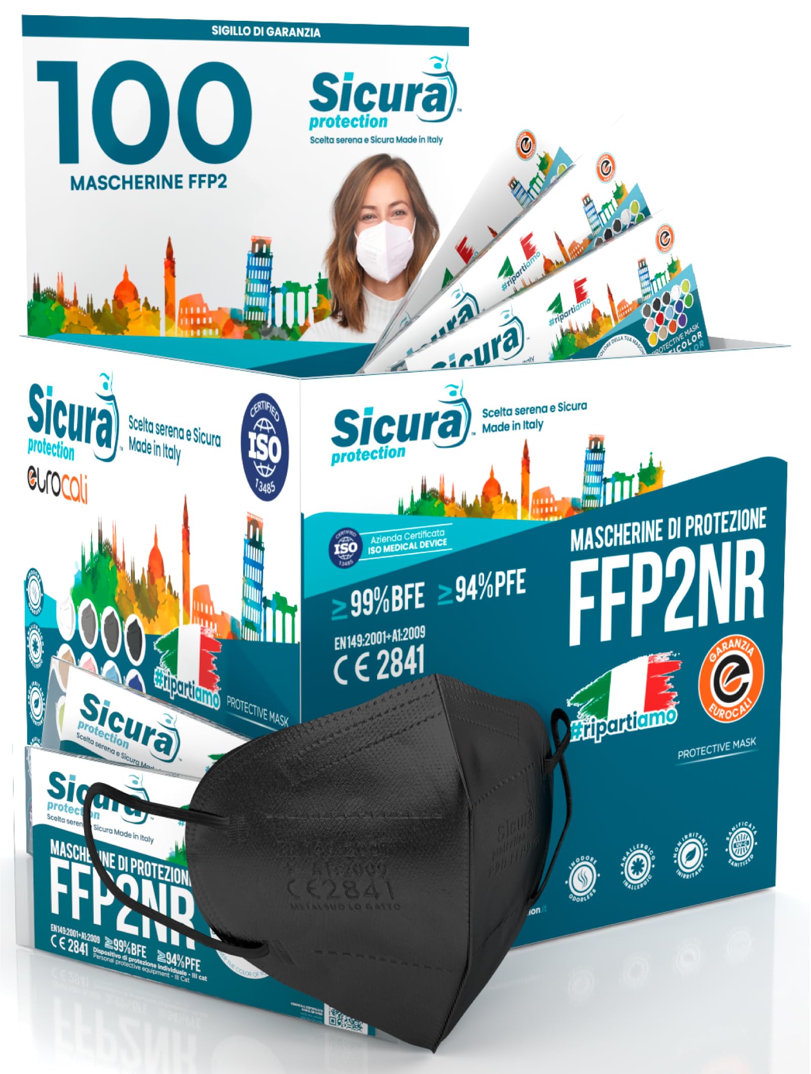 100 mascarillas negras FFP2 Certificadas CE Fabricadas en Italia SICURA BFE ≥99% Mascarillas SANITIZADAS y selladas individualmente EN 149:2001+A1:2009