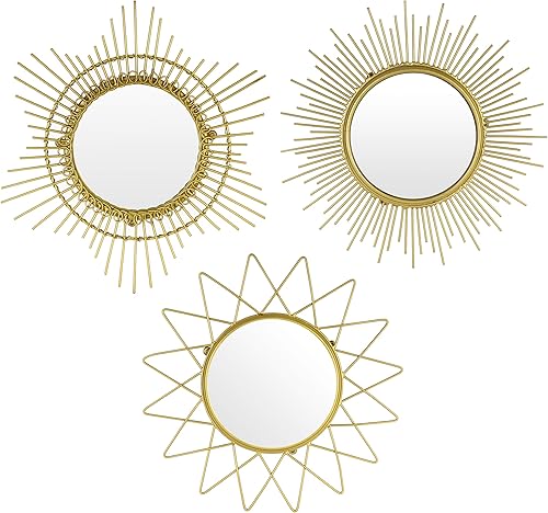 kimisty Juego de 3 espejos Sunburst, espejo de pared dorado, espejo pequeño de 12 pulgadas, decoración de pared dorada, espejo Starburst, estrella