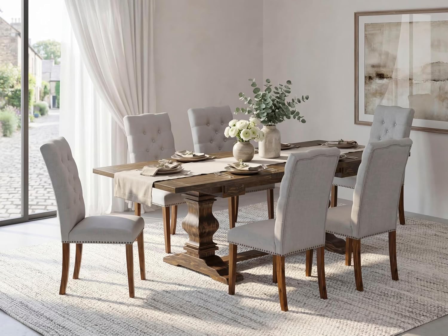 East West Furniture LAEL7-78-05 7 Piece Modern Dining Table Set Consist of a Rectangle Wooden Table with Removable Leaf and 6 Grey Linen Fabric Parson Dining Chairs, 42x92 Inch, Jacobean