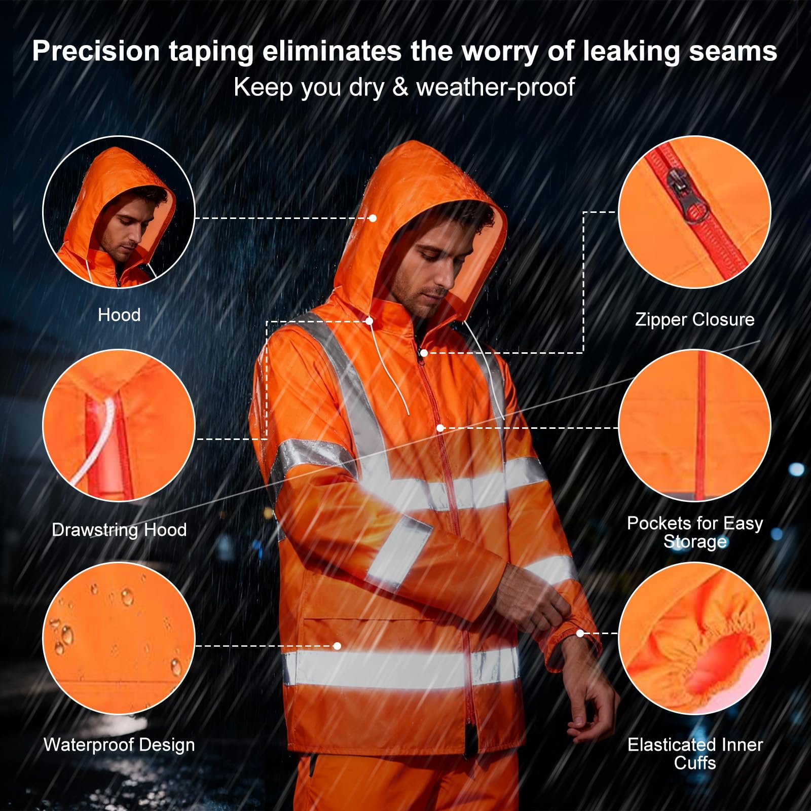 flintronic Veste De Pluie Haute-Visibilité pour Hommes, Imperméable Veste de sécurité avec réflecteurs, Imperméable Légère, Orange