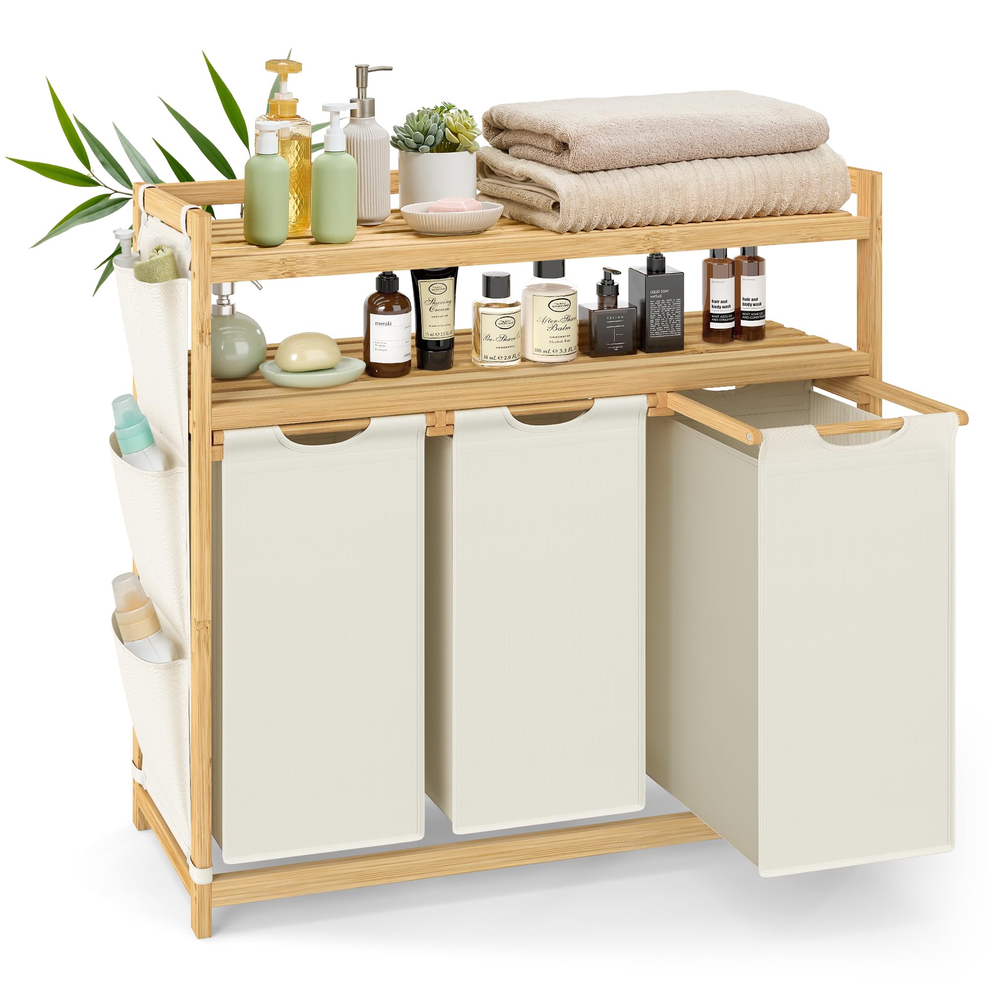 Laundry hamper with multiple compartments shelf and side pockets, 150 L