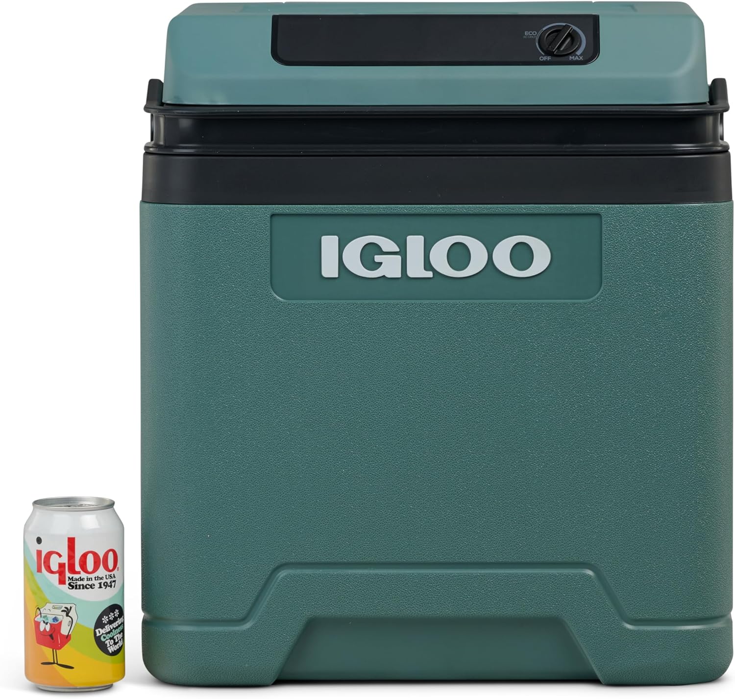 Přední view of IGLOO IE27 Electric Cooler next to a beverage can for scale