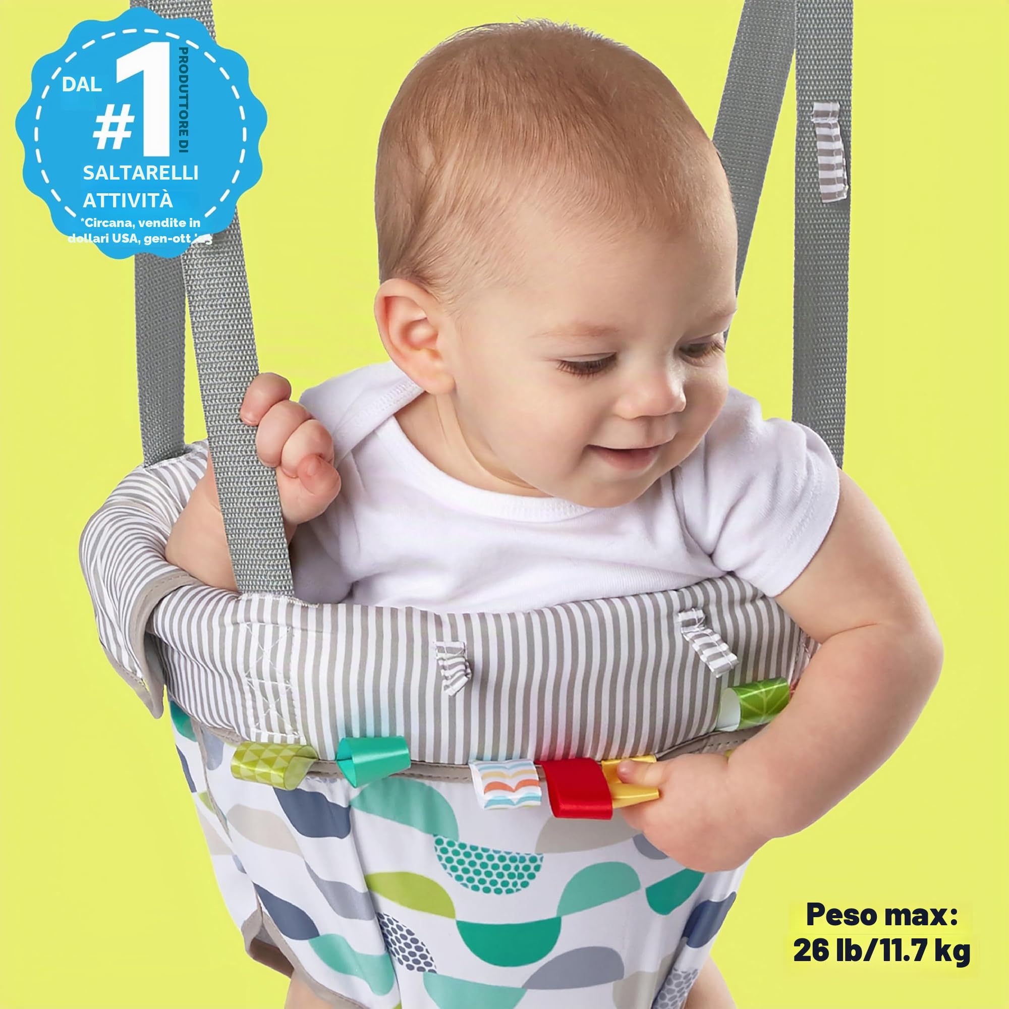 Bright Starts, Playful Parade Door Jumper Per Bambini Con Cinghia Regolabile, Multicolore, Dai 6 Mesi In Su