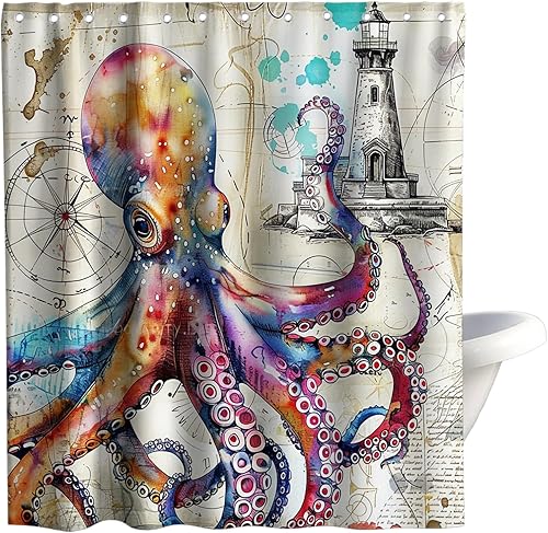 Vista 12 de Juego de cortinas de ducha náuticas de tela, diseño de pulpo, monstruo, velero, decoración de baño con ganchos, impermeable, lavable, 72 x 72