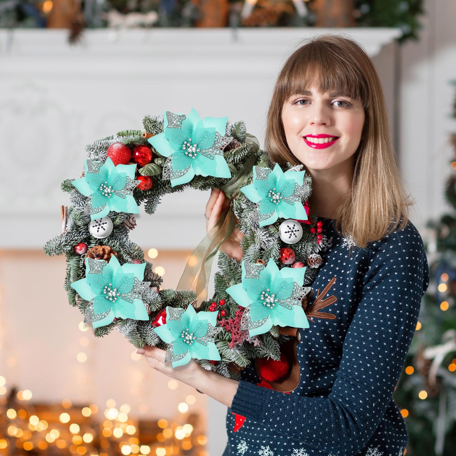 Boao 24 Pieces Christmas Artificial Glitter Poinsettia Flowers Xmas Flowers Wedding Christmas Tree New Year Ornaments(Blue Green) - Image 4