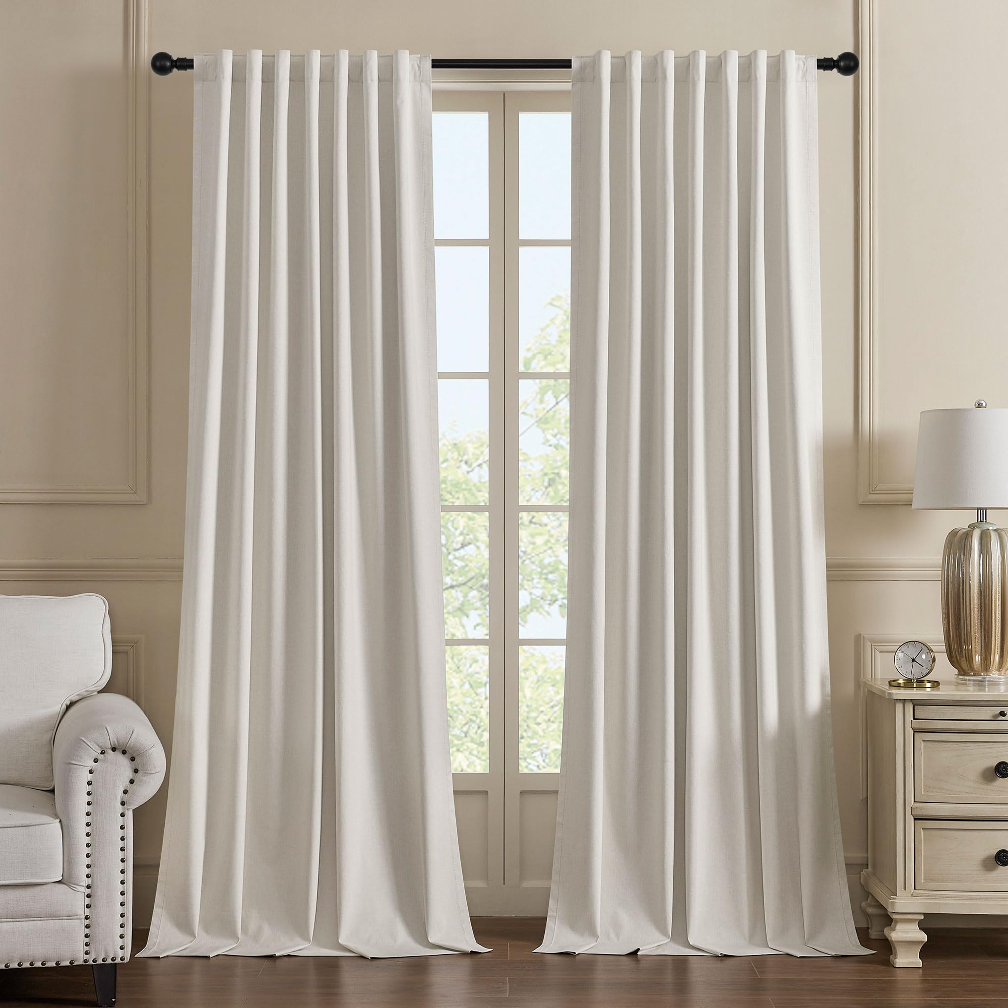 BSfullts Blackout Linen Curtains 90 Inches Long Black Out Curtain for Sliding Glass Door Noise Reducing Thermal Insulated Drapes Ivory for Bedroom Living Room 2 Panels Set Drape