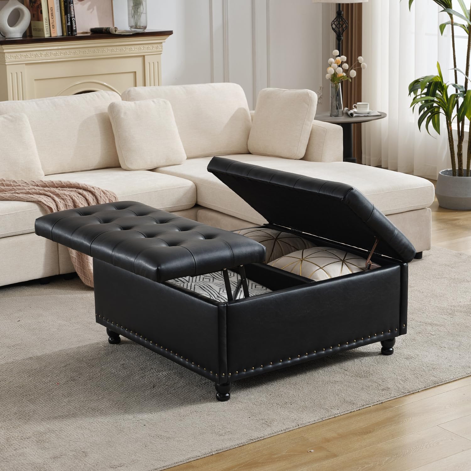 Tbfit Large Square Storage Ottoman Bench, Tufted Upholstered Coffee Table Ottomans with Lift Top & Solid Wood Legs, Oversized Storage Ottomans Toy Box for Living Room (Black)