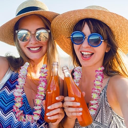 Miniatura 3 de Juego de 48 piezas de leis hawaianos gruesos a granel, flores tropicales rosas Lei Jumbo 12 diademas 24 pulseras, 12 collares florales, guirnalda