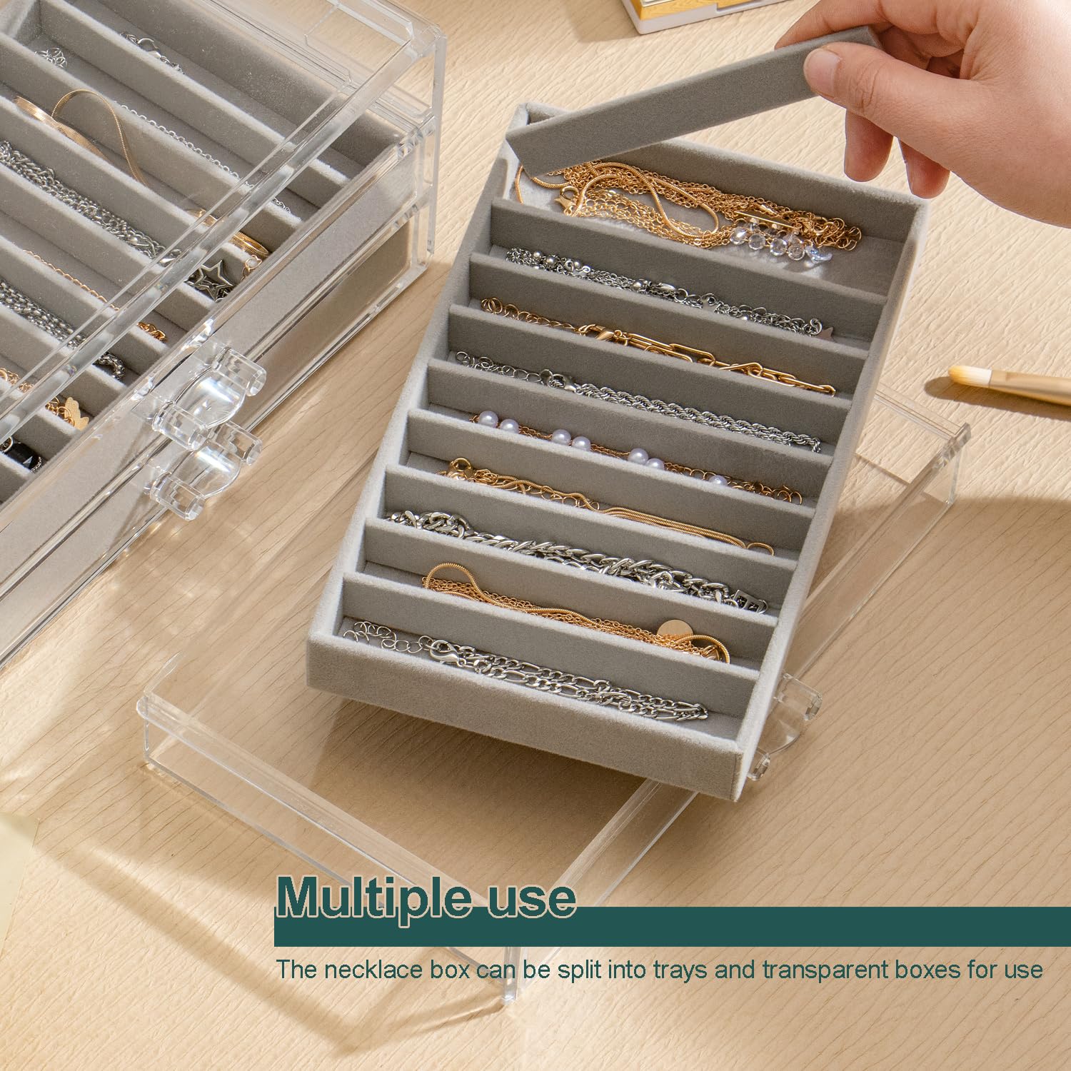 YUFONG Armband-Organizer-Box, staubdicht, Armbandhalter, Organizer, transparent, stapelbar, Schmuckbox aus Samt, Schmuck-Displays für Ketten, Armbänder, Anhänger (Grau, 3 Schubladen)