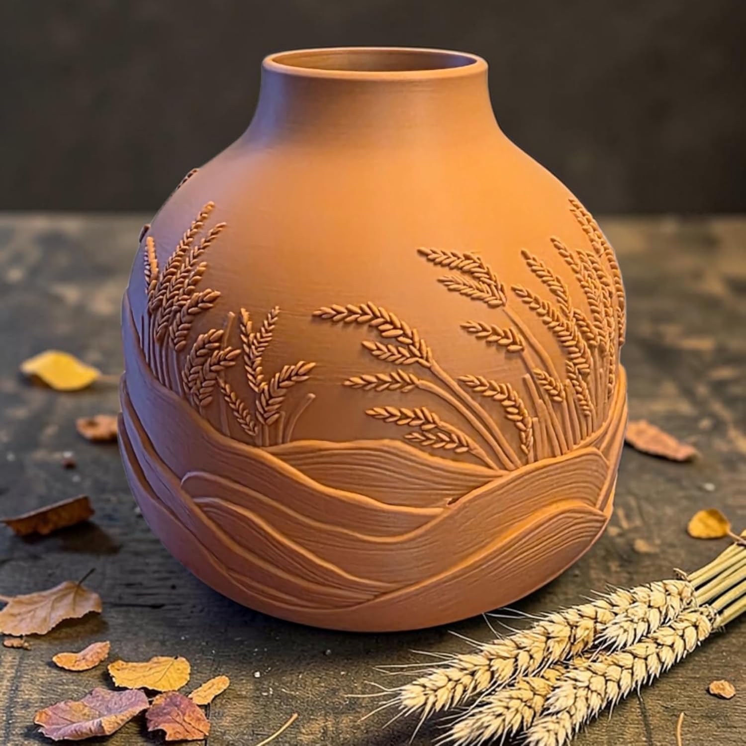 Ivory Decorative 3D Printed Vase – Nature-Inspired Flakon with Wheat Relief – Handmade Modern Home Decor (8.5x8)