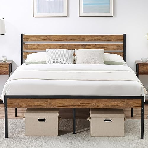 IDEALHOUSE Queen Size Bed Frame with Rustic Vintage Wood Headboard, Mattress Foundation, Strong Metal Slats Platform Support, Under Bed Storage, Noise-Free, No Box Spring Needed