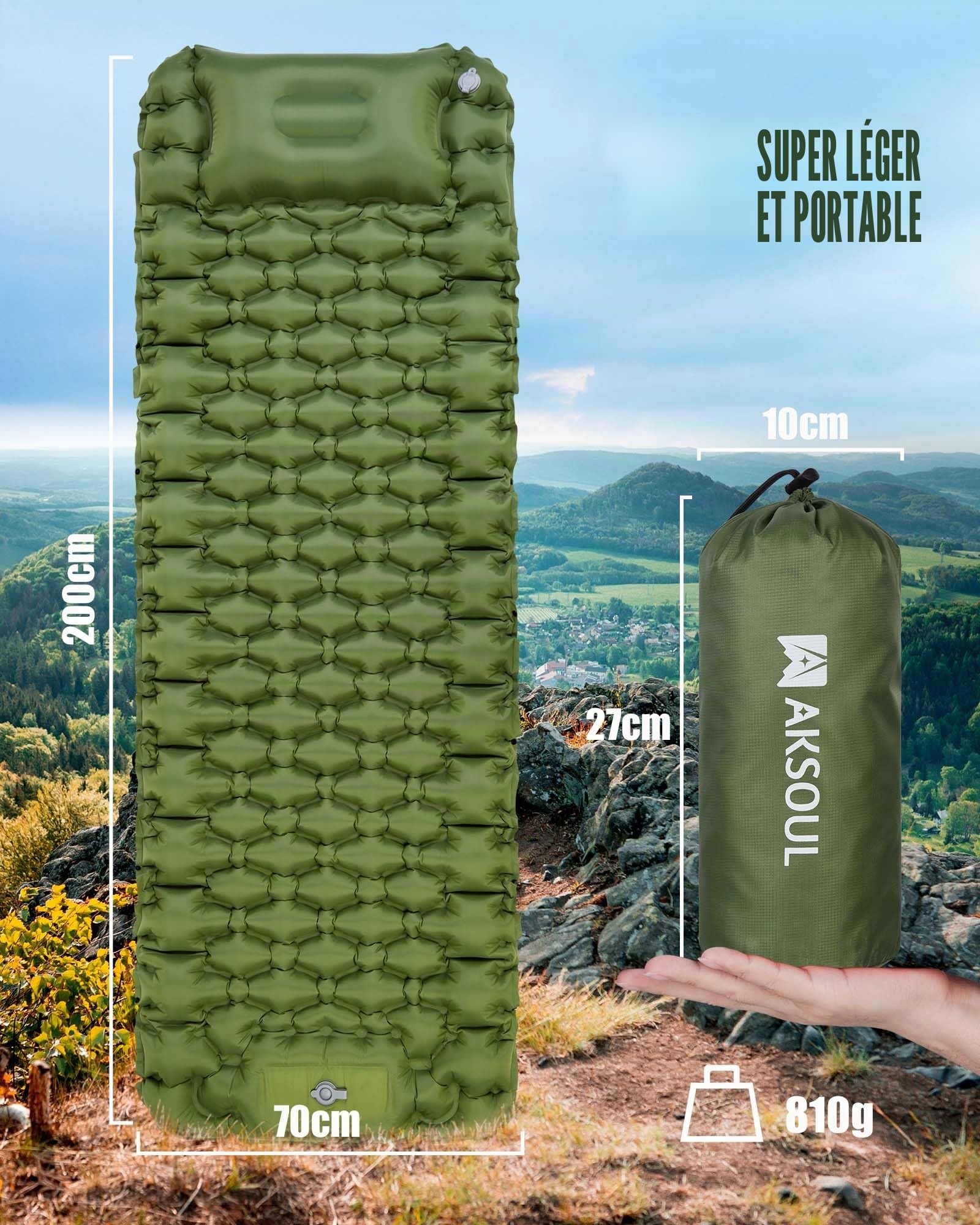 AKSOUL Matelas de camping auto-gonflant : matelas gonflable léger et compact avec pompe à pied intégrée, matelas épais pour randonnée, voyage