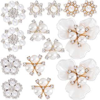 14 PCS Pearl Flower Buttons Vintage Crystal Rhinestone Brooches Wedding Jewelry Embellishments for Women Girls DIY Clothes Shoes Bags Bouquet Craft Decoration