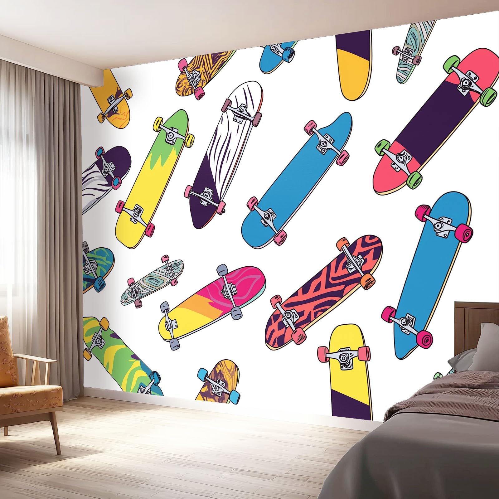 Tapeta 300 x 210 cm, kreskówkowy wzór deskorolki, dekoracja z włókniny do pokoju dziecięcego i ściany TV, kolorowa