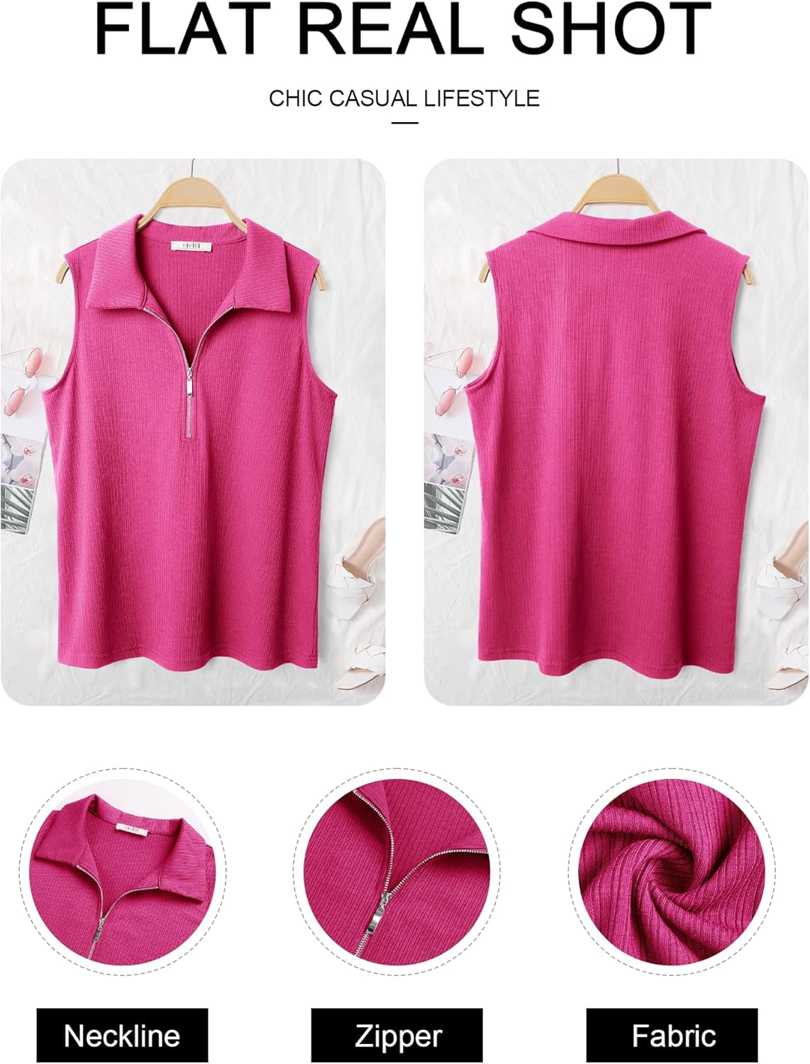 Vivilli Womens Ribbed Tank Top Zipper V Neck Dressy Casual Blouses Sleeveless Camisole Tops Work Tank Polo Shirts - Image 6