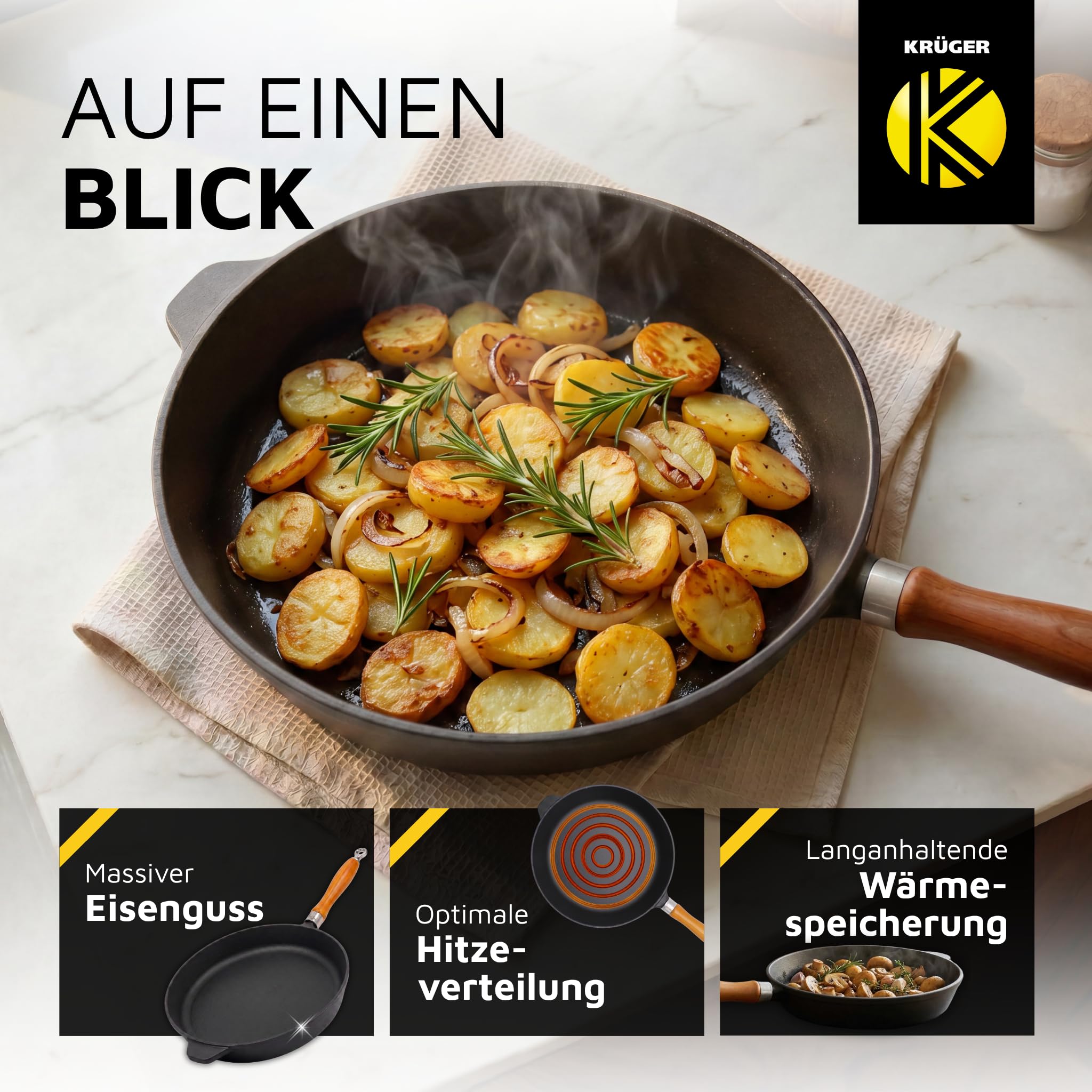 KRÜGER Eisenguss-Pfanne Rustica, Emaile, Ø 28 cm, Schwarz