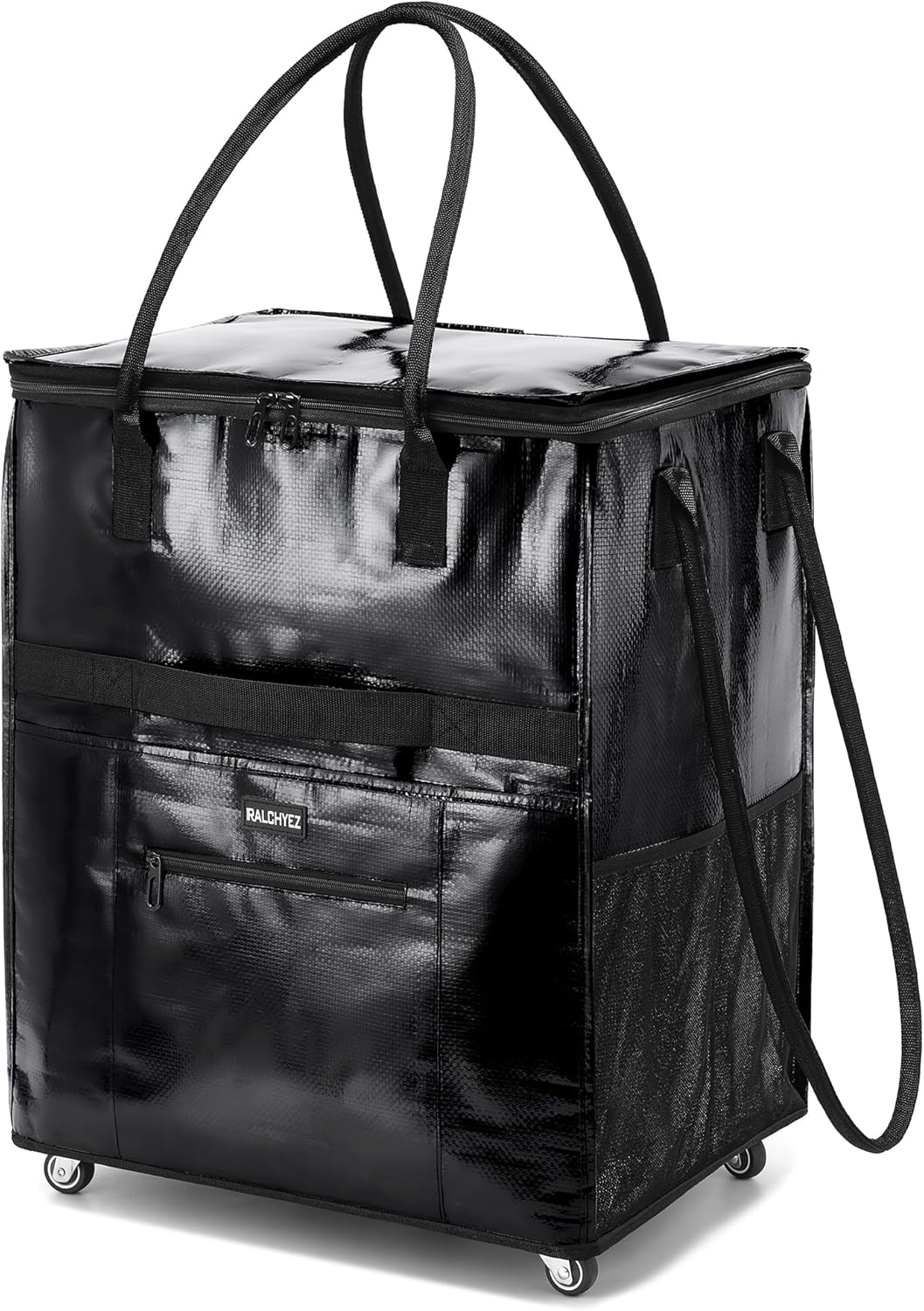 Reusable Grocery Bags on Wheels, RalChyez 120L Rolling Tote Grocery Bag with Handle and Zipper Cover Foldable Shopping Cart Trolley Laundry Basket Bag Black Large