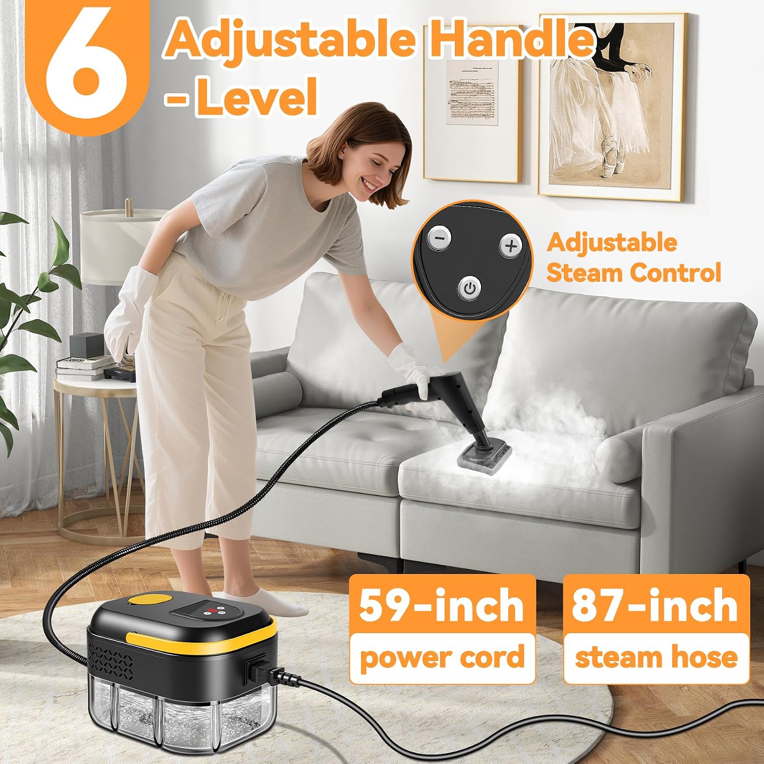 User operating the KingSom Handheld Steam Cleaner on a sofa, demonstrating adjustable steam control.