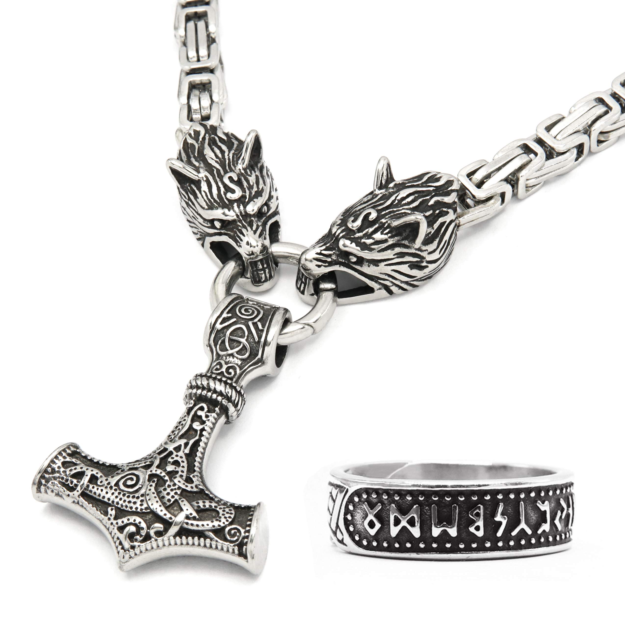 BAVIPOWERBAVIPOWER Viking Mjolnir Necklace For Men With Wolf Head Chain, Stainless Steel Thors Hammer Necklace Pendant Norse Pagan Jewelry