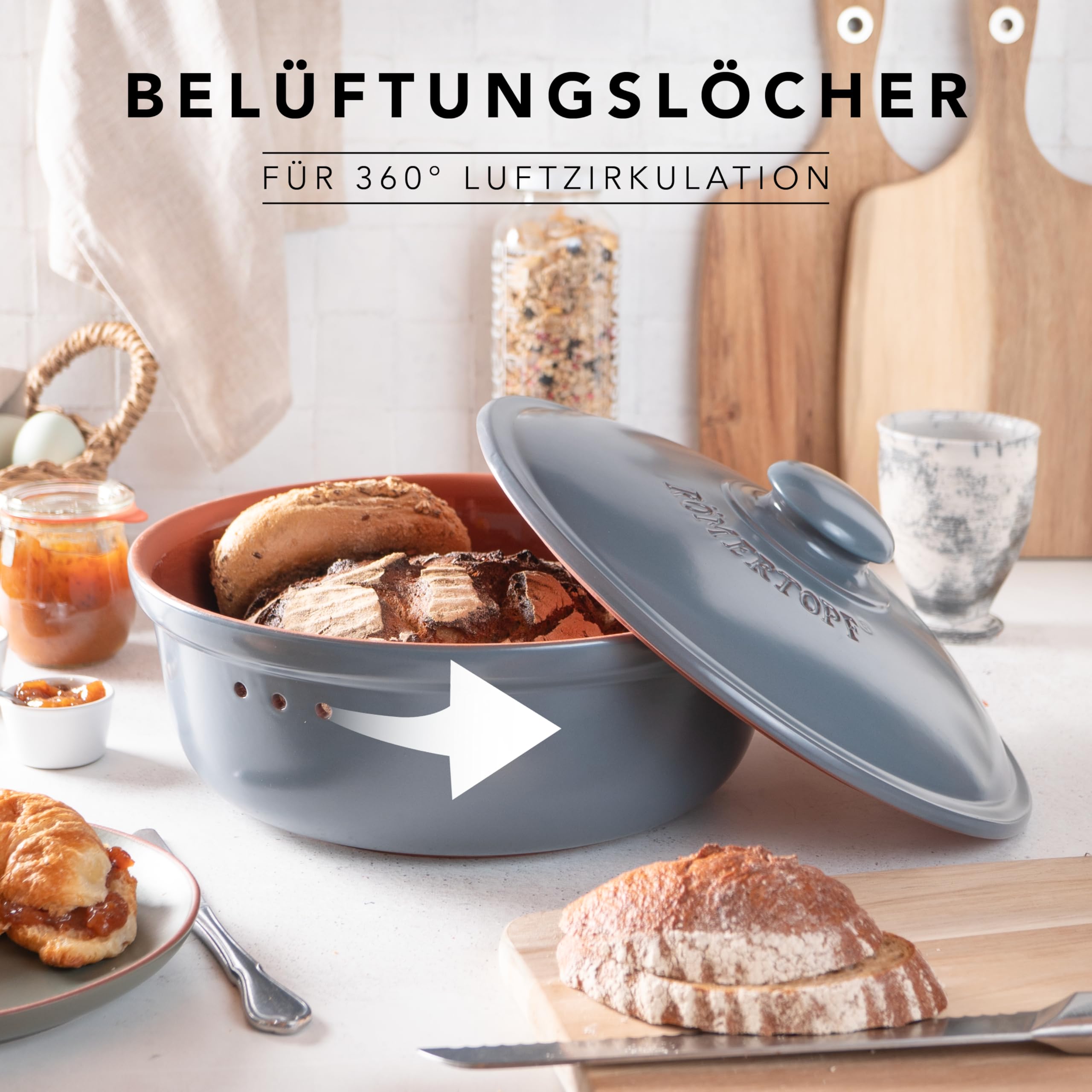 Römertopf Brottopf rund 4,5 L Brotkasten Keramik mit Deckel, Blau-Grau | Ø 30 cm, Platz für 1–2 Laibe oder viele Brötchen, atmungsaktive glasierte Keramik, spülmaschinengeeignet, seit 1967