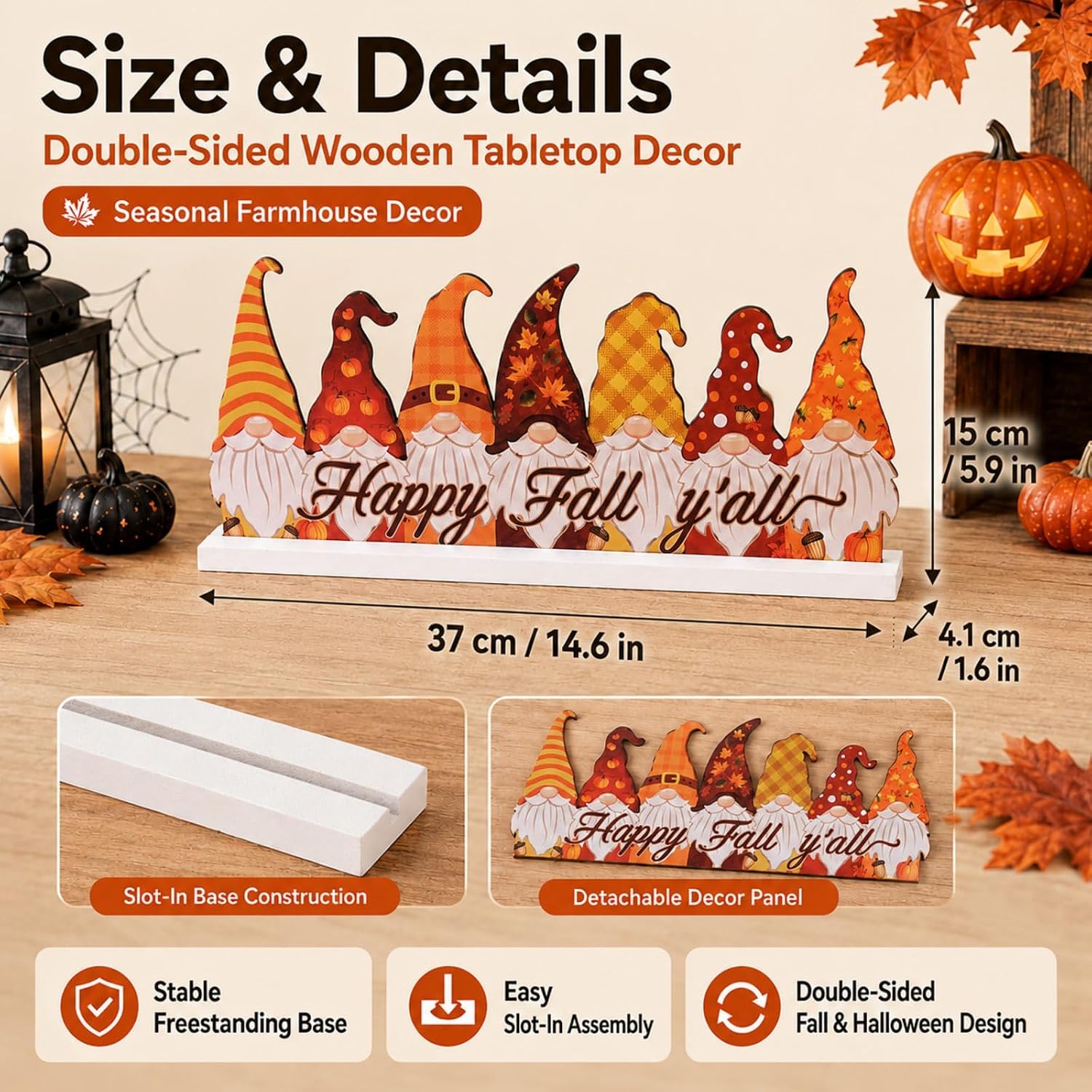 Fall Halloween Gnomes Reversible Sign Table Centerpiece Home Decor