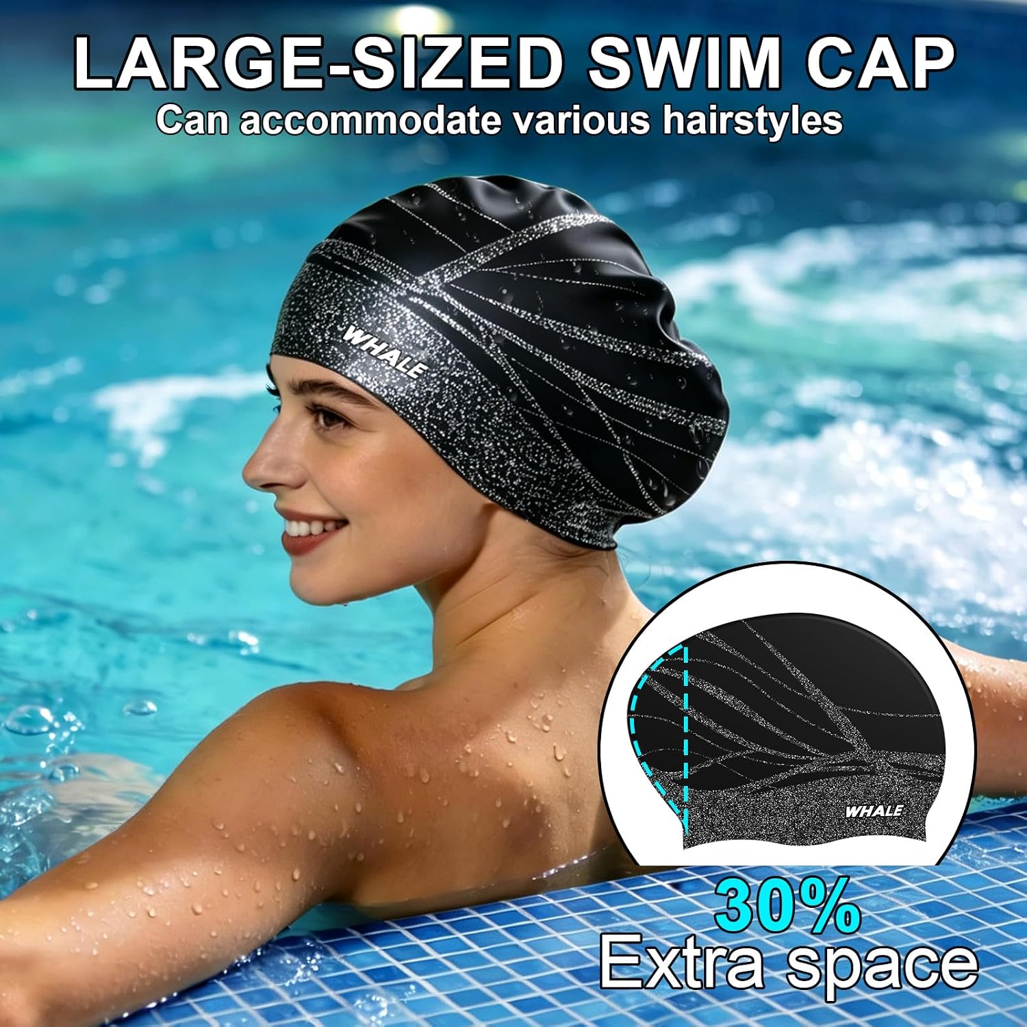 WHALE Extra Large Swim Cap Designed for Men and Women with Thick, Long Hair, Hair Extensions Or Afro-Textured Hair Long-Hair Swim Cap Highly Waterproof to Keep Hair Dry thumbnail